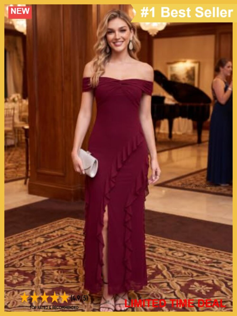 Off Shoulder Ruffle High Slit Ruched Mesh Maxi Formal Dress - Picture 4 of 6